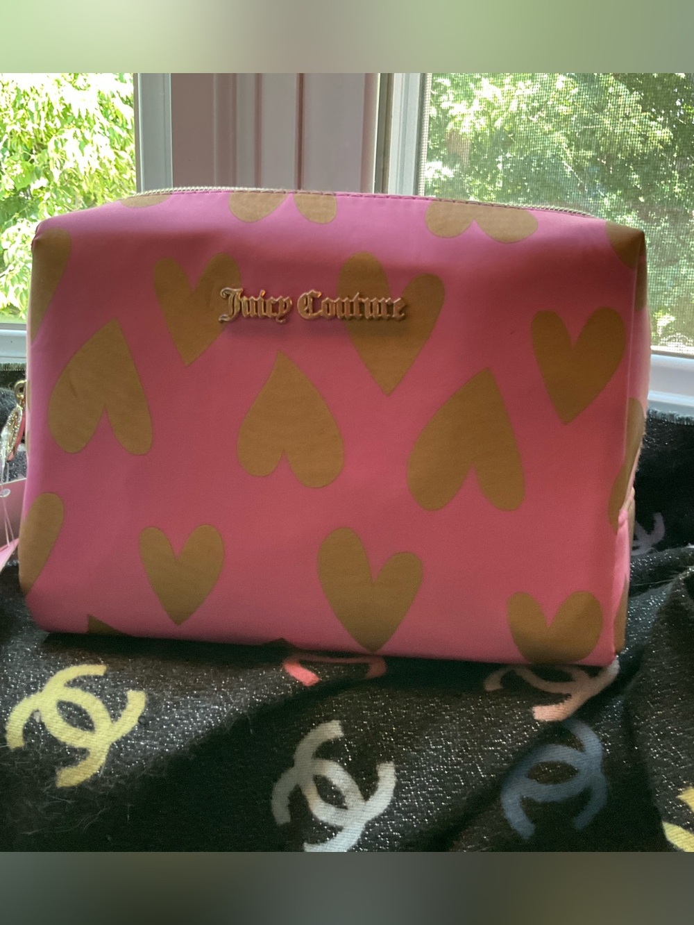 Juicy Couture Pink Cosmetic Pouch with Gold Heart Motif